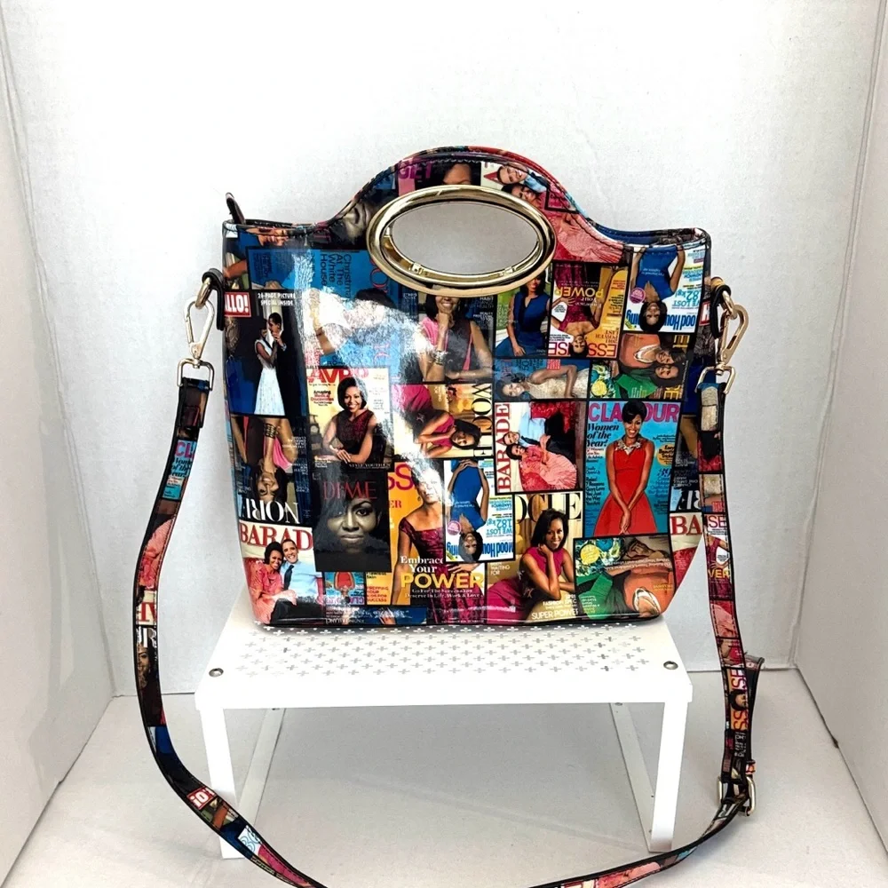 Michelle Obama Colorful Graphic Glossy Collage Handbag Zippered Closure Clutch